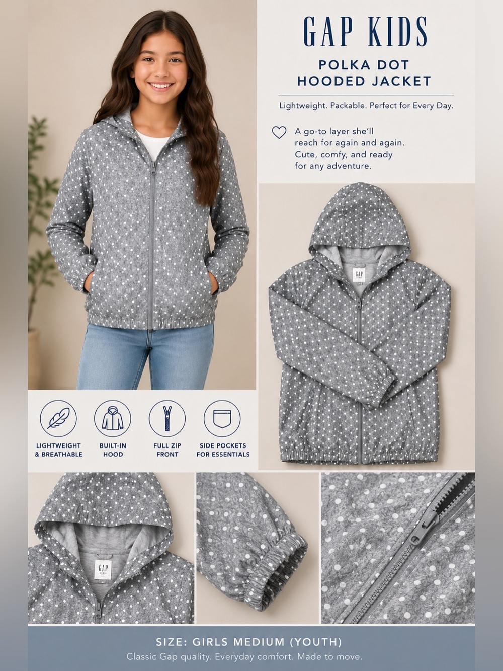 GAP Gray Hooded Windbreaker with White Polka Dot Print